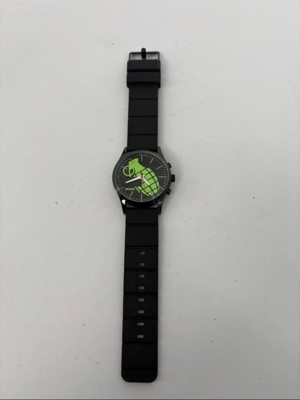 🐯 Grenade Launch Black Silicone Strap Watch with Green Dial Accent